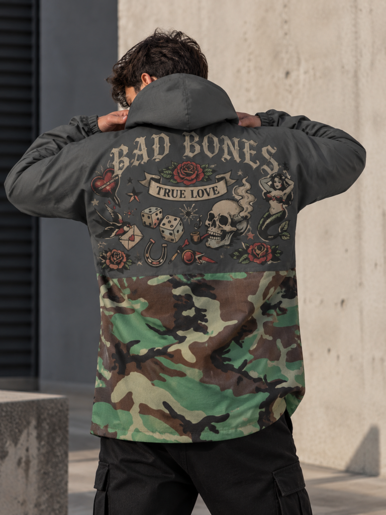 Anorak oversize  gris topo militia II diseño skull rose
