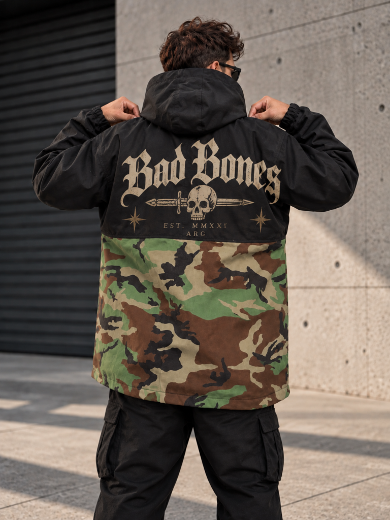 Anorak oversize  black  militia diseño bones skull